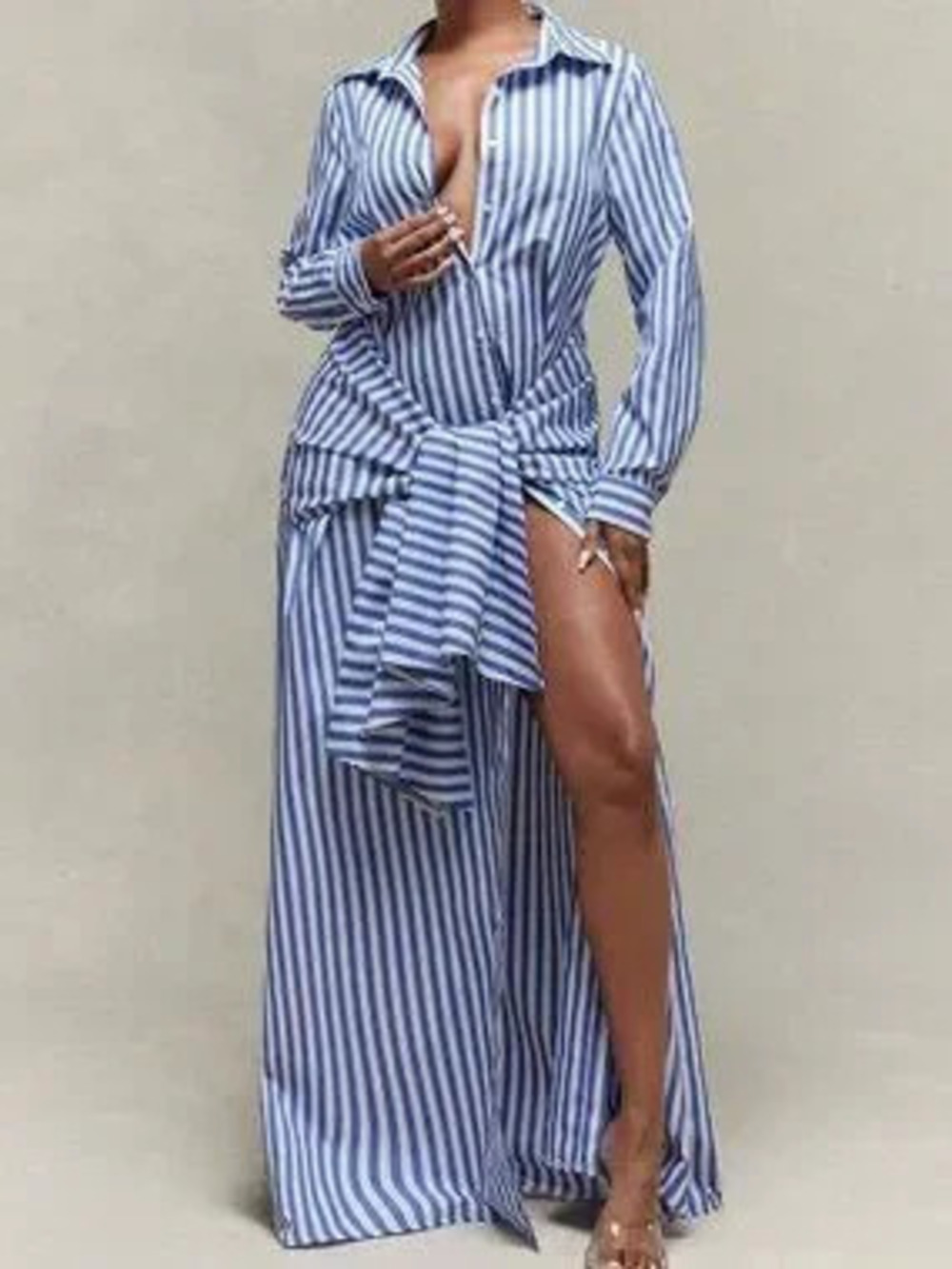 White Casual Women's Stripe Button Down Pointed Collar Self Tie Maxi Dress